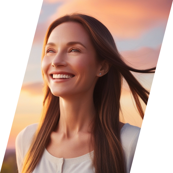 smilling woman with her hair flowing with the wind